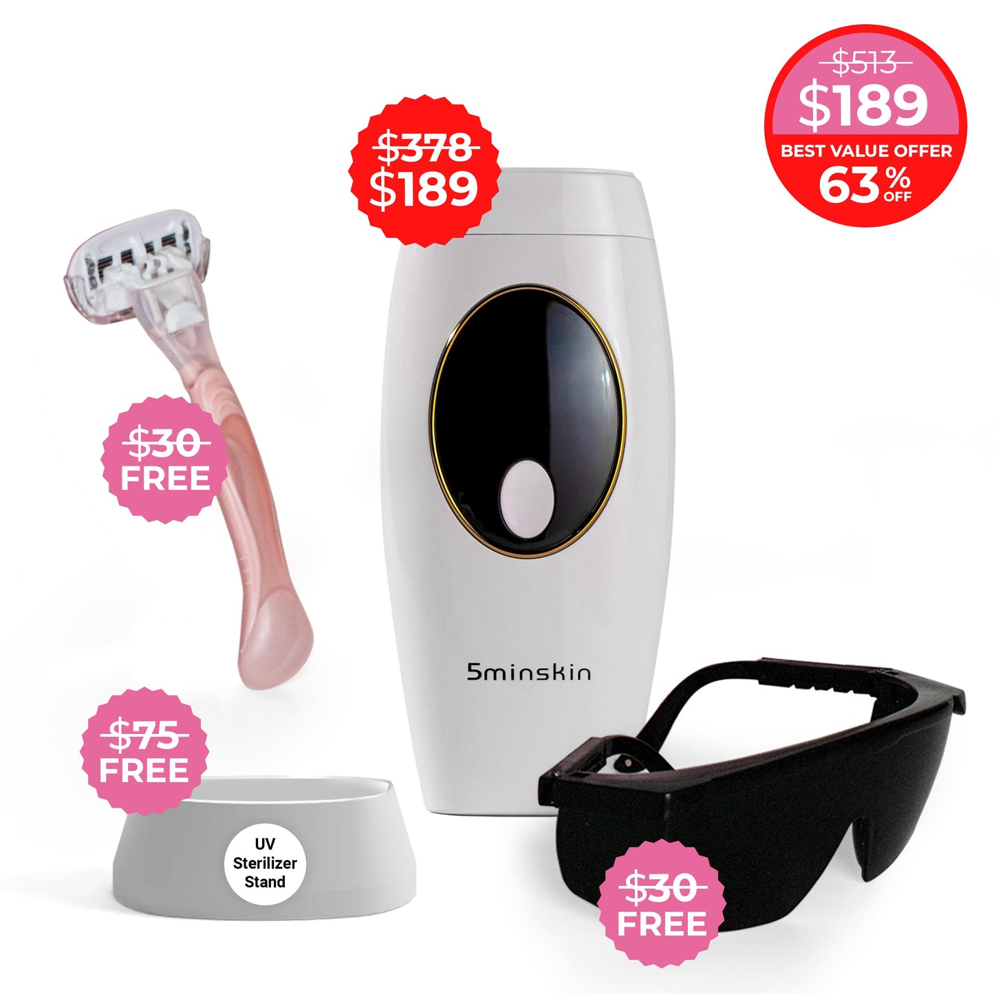 5MINSKIN AT-HOME LASER HÅRFJERNING HÅNDSETT - 50% RABATT INTERNASJONAL KVINNEDAGSSALG + 3 GRATIS GAVER (VERDI $135)